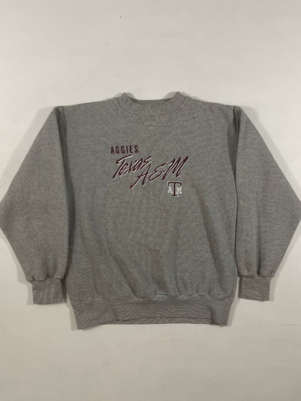 Vintage 90s Texas A&M Aggies Embroidered Gray Striped Crewneck Sweatshirt M